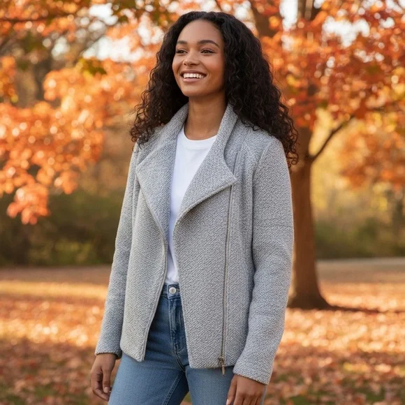 Lucky Brand Textured Knit Asymmetrical Zip Sweater Jacket Cozy Fall Gray Size M - Picture 3 of 10